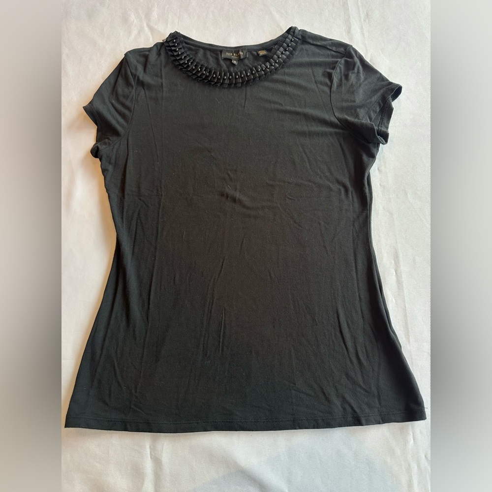 Ted Baker Black Short Sleeve Top with Beaded Neckline Size 3/M